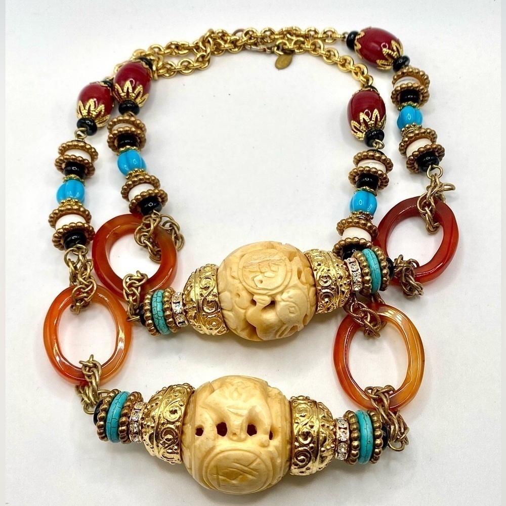 Vintage LAWRENCE VRBA SIGNED RUNWAY CARVED BOHEMIAN RARE STATEMENT NECKLACE